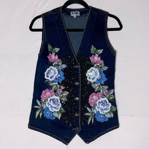 Vintage Jazzino Dark Wash Embroidered Beaded Button Up Denim Vest S - Picture 12 of 12